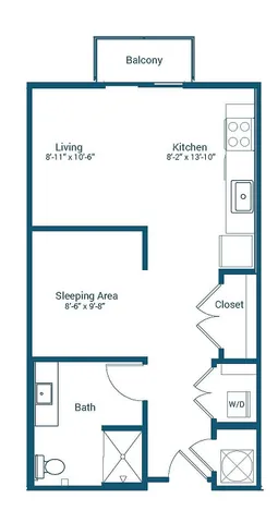 Modern studio apartment floor plan at Stonewater at the Riverwalk featuring a sleek layout with a living area, kitchen, sleeping area, and bath. Includes a balcony and essential amenities spread over 564 sq ft.