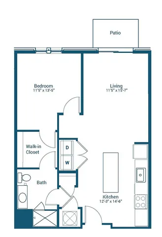 Stonewater apartment A1 floor plan showcasing 1 bedroom, spacious living area, modern kitchen, walk-in closet, and patio, covering 749-768 sq ft.