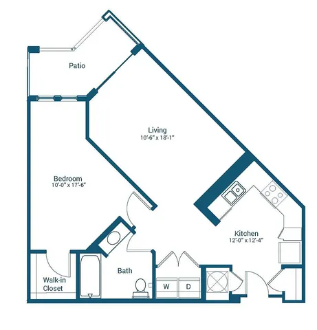 Stonewater at the Riverwalk floor plan A2, featuring 1 bedroom, 1 bathroom, open-concept living area, and kitchen with patio access, spanning 742 sq ft.