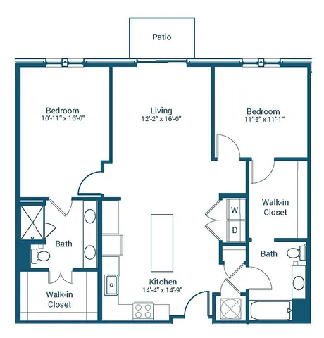 Stonewater at the Riverwalk floor plan, featuring 2 bedrooms, 2 bathrooms, a spacious living area with patio, and modern kitchen. Apartment type B1, 1128-1152 sq ft, designed for comfort and convenience.