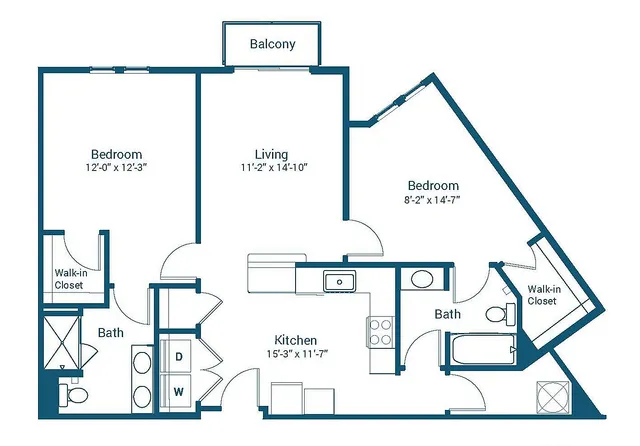 Stonewater at the Riverwalk 2D floor plan, featuring 2 bedrooms, a spacious kitchen, and living area with balcony, 1049 sq ft, ideal for comfortable living.