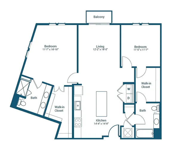 Stonewater at the Riverwalk floor plan featuring 2 bedrooms, 2 baths, spacious kitchen, living area, and balcony, totaling 1,201 sq ft.