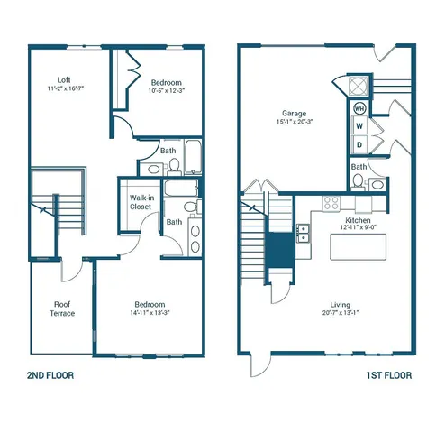 Elegant Stonewater at the Riverwalk floor plan with 2 bedrooms, loft, and roof terrace spanning 2 levels; features an open kitchen, spacious living area, and attached garage in a 2,116 sq ft townhouse.