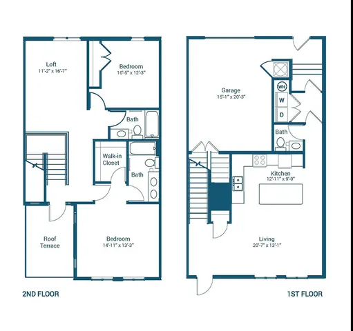 Chic 2-level townhouse floor plan at Stonewater featuring 2 bedrooms, loft, roof terrace, spacious living area, and attached garage, totaling 2,116 sq ft.