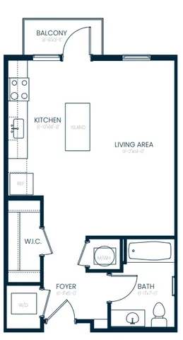 Modern floor plan showcasing a spacious living area, sleek kitchen with island, balcony, and convenient bath and laundry setup.