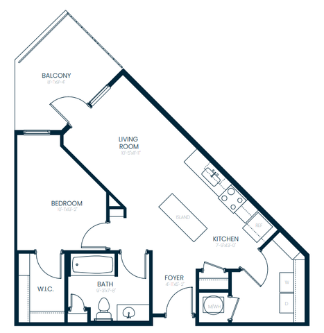 Contemporary floor plan showcasing a stylish one-bedroom apartment with an open-concept kitchen and living room, a spacious balcony, and modern amenities.
