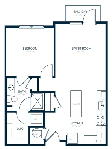 Modern floor plan showcasing a spacious 1-bedroom apartment with an open-concept living room, well-equipped kitchen with island, and private balcony.