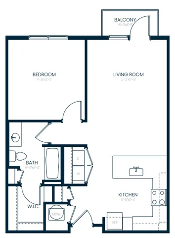 Modern 1-bedroom apartment floor plan featuring an open-concept living area, efficient kitchen, private balcony, and spacious bath with walk-in closet.
