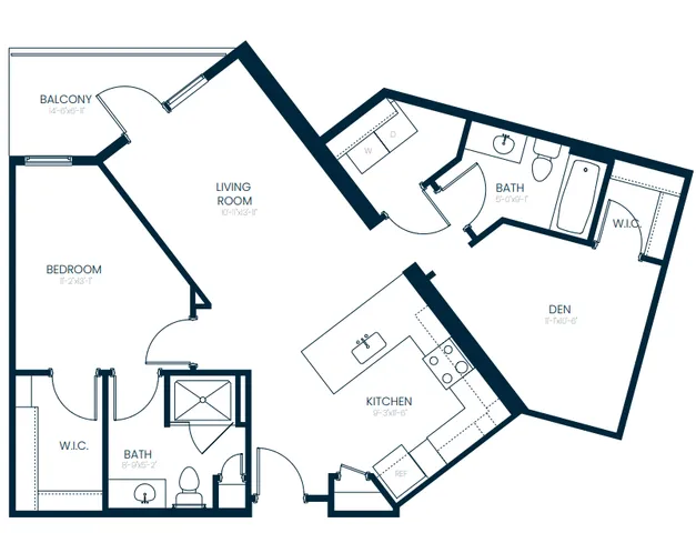 Modern floor plan featuring a bright living room, spacious balcony, one bedroom with walk-in closet, sleek kitchen, cozy den, and two elegant baths.
