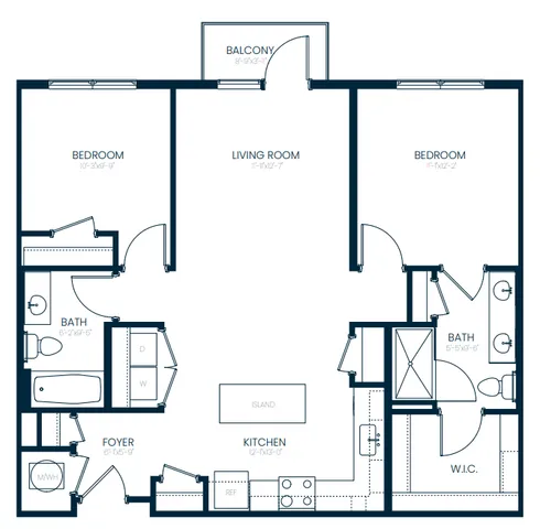 Contemporary floor plan showcasing 2 bedrooms, spacious living room, modern kitchen with island, and inviting balcony.