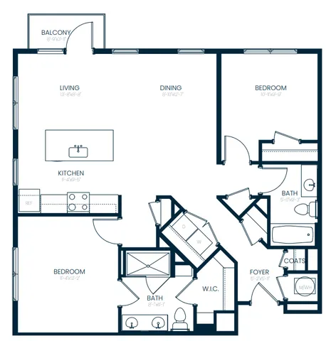 Modern floor plan featuring 2 bedrooms, open kitchen with island, spacious living and dining area, 2 bathrooms, and private balcony.