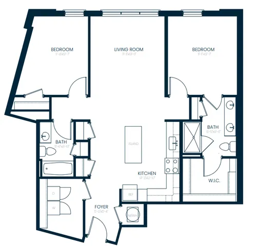 Modern floor plan showcasing a spacious 2-bedroom, 2-bathroom layout with an open living room and kitchen island, featuring a convenient walk-in closet and a welcoming foyer.