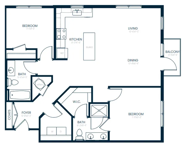 Modern 2-bedroom apartment floor plan featuring open-concept living and dining area, spacious kitchen with island, and private balcony access.