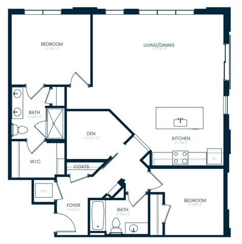 Contemporary floor plan featuring two spacious bedrooms, an open living and dining area, modern kitchen, cozy den, two bathrooms, and ample storage space including a walk-in closet.