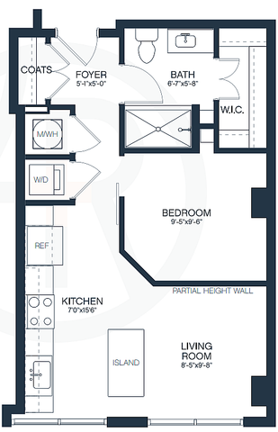 Modern floor plan showcasing a cozy one-bedroom apartment with open kitchen and island, spacious living room, and walk-in closet.