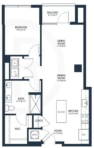 Modern floor plan showcasing 1 bedroom with balcony, an open-concept living and dining area, and a sleek kitchen with island.