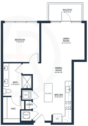Contemporary 1-bedroom floor plan featuring an open living and dining area, sleek kitchen with island, and private balcony access.