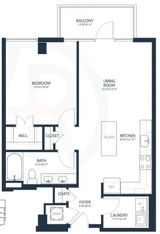 Elegant floor plan featuring a spacious bedroom, open-concept living and kitchen area with island, and a private balcony. Includes a walk-in closet, full bath, and convenient laundry room.