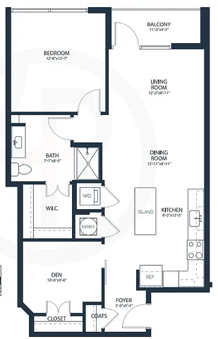 Elegant floor plan showcasing a spacious bedroom, inviting living room, and modern kitchen with island; includes a cozy den, convenient bath, and balcony, perfect for stylish urban living.