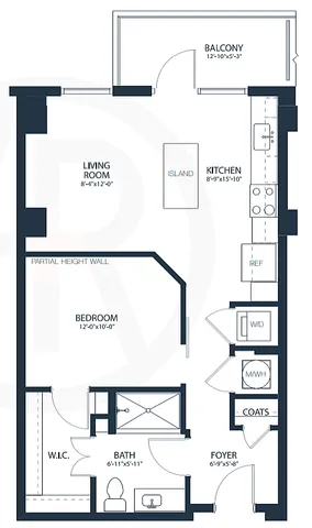 Modern floor plan showcasing 1 bedroom, open kitchen with island, spacious living room, and balcony.