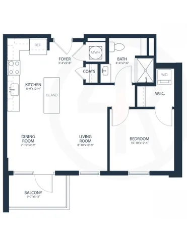 Modern apartment floor plan with a spacious bedroom, open-concept living and dining area, stylish kitchen with island, cozy balcony, and convenient bathroom layout.