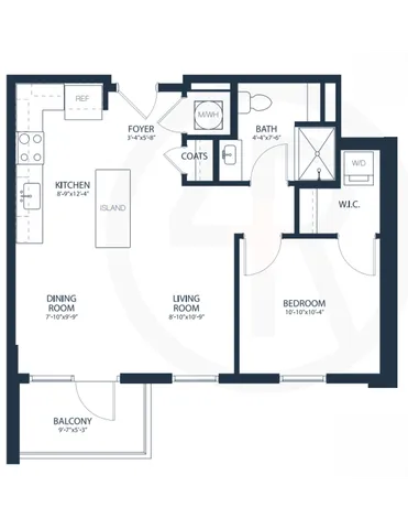 Modern floor plan showcasing an open-concept kitchen with island, spacious living and dining areas, cozy bedroom with walk-in closet, and private balcony.