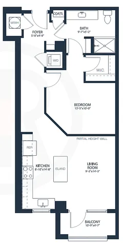 Modern floor plan featuring a spacious bedroom with walk-in closet, open-concept kitchen with island, stylish living room, and inviting balcony.