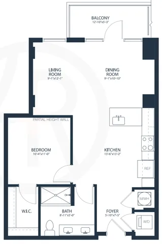 Contemporary floor plan featuring a spacious bedroom, sleek kitchen, dining room, living room, and a large balcony. Includes a bath, walk-in closet, and convenient laundry area.