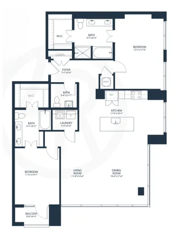 Contemporary floor plan showcasing 2 spacious bedrooms, an elegant living room, a modern kitchen, and a cozy balcony.