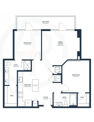 Modern floor plan featuring 2 bedrooms, spacious living room, kitchen with island, and large balcony.