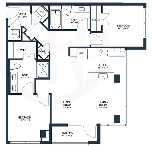 Elegant floor plan featuring 2 bedrooms, a spacious kitchen, and open-concept living and dining areas with a balcony.