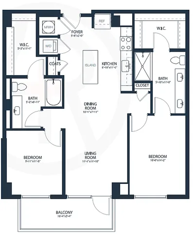 Elegant floor plan showcasing 2 bedrooms, a modern kitchen with island, open living and dining area, and expansive balcony.
