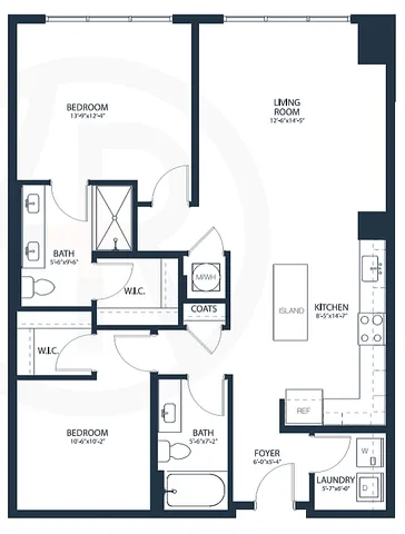 Modern floor plan showcasing 2 bedrooms, spacious living room, and open kitchen with island. Includes laundry room and two bathrooms for convenience.