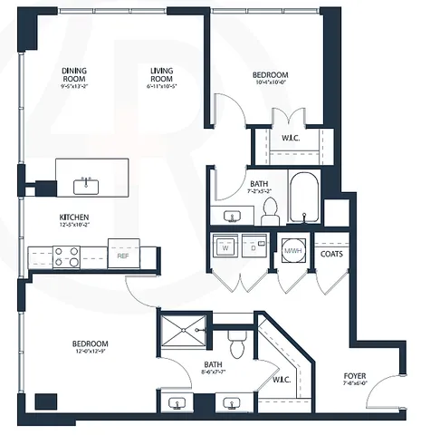 Modern apartment floor plan featuring 2 bedrooms, 2 bathrooms, a spacious kitchen with an island, and an open living and dining area, including walk-in closets and a dedicated foyer.