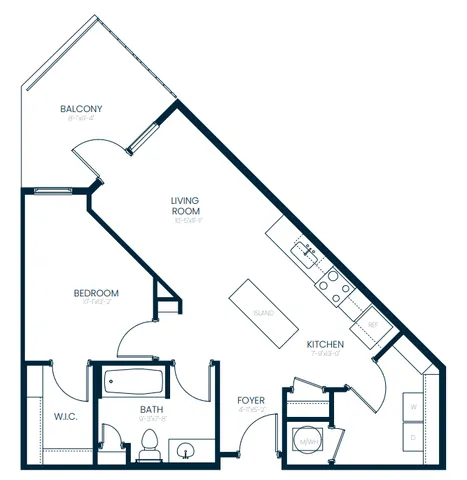 Chic floor plan showcasing a spacious bedroom, modern kitchen with island, inviting living room, and private balcony.