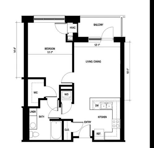 Pacific floor plan at Ninety7Fifty on the Park showcasing 1 bedroom and 1 bathroom with 756 sq ft, featuring a living/dining area, kitchen, balcony, and modern amenities.
