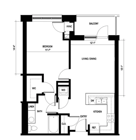 Ninety7 Fifty on the Park floor plan showcases a chic 1-bedroom, 1-bathroom layout with a modern kitchen, spacious living/dining area, balcony, and elegant walk-in closet, spanning 756 sq ft.