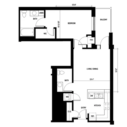 Chic Chicagoan floor plan featuring 1 bedroom, 1 bathroom, open living and dining area, and a private balcony, totaling 788 sq ft.