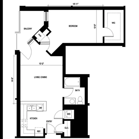 Chic New Yorker floor plan showcasing 1 bedroom, modern kitchen, spacious living/dining area, and private balcony, 798 sq ft.