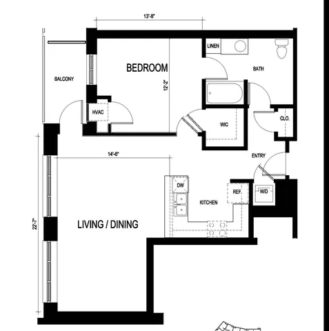 Elegant floor plan at Ninety 7 Fifty on the Park showcasing 1 bedroom, 1 bath, spacious living/dining area, and kitchen, 892 sq ft in Gold Coast.