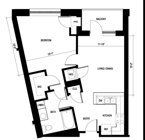 Arrowhead floor plan at Ninety7Fifty on the Park, featuring a modern 1 bed, 1 bath layout with spacious living/dining area, stylish kitchen, and a charming balcony, totaling 825 sq ft.