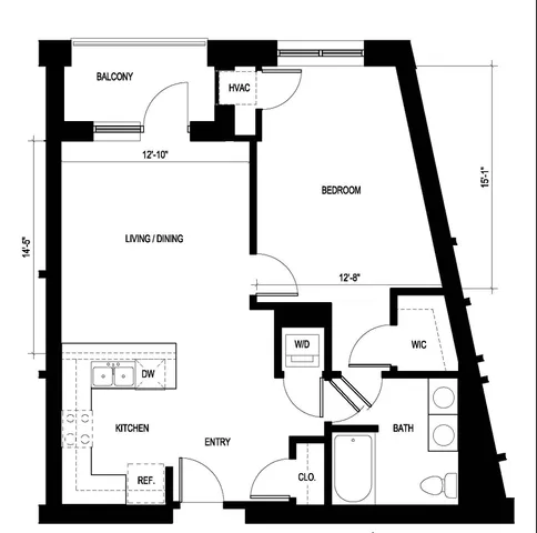 Modern Arrowhead floor plan showcasing 1 bedroom and 1 bath with a spacious living/dining area, sleek kitchen, and private balcony at Ninety 7 Fifty on the Park, 825 sq ft.