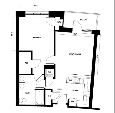 Contemporary 1-bedroom floor plan featuring open living and dining areas, spacious balcony, and modern kitchen layout with washer/dryer included, totaling 786 sq ft.