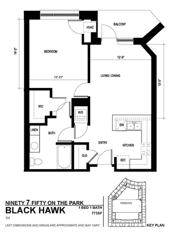 Chic floor plan for Ninety7Fifty on the Park featuring the Black Hawk model, 1 bed, 1 bath, 773 sq ft with a balcony and open living area.