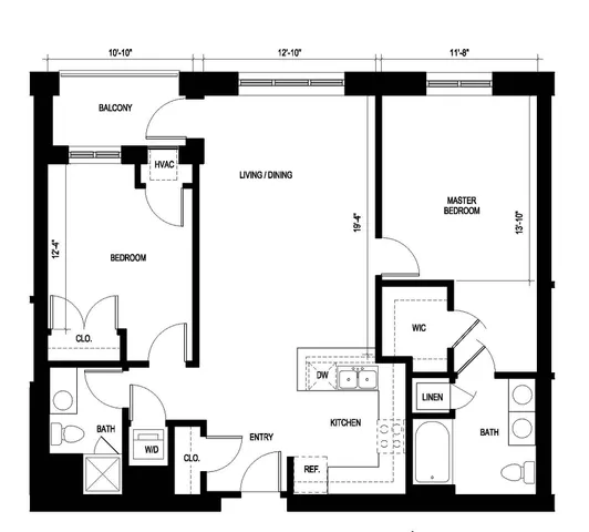 Modern floor plan of Nickel Plate with 2 bedrooms, 2 bathrooms, an open living/dining area, and a spacious balcony, totaling 1163 sqft.