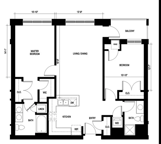 Elegant floor plan of Nickel Plate apartment, featuring 2 bedrooms, 2 bathrooms, a spacious living/dining area, and a modern kitchen. Includes a balcony and convenient parking, covering 1163 sq ft.