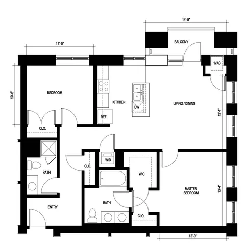 Chic floor plan for Ninety 7 Fifty on the Park, featuring 2 bedrooms and 2 baths with a spacious open-concept living/dining area, modern kitchen, and a private balcony in the Southwestern layout, 1208 sq ft.