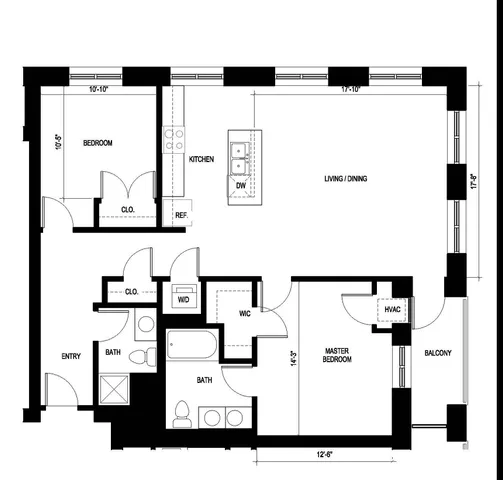 Modern Sunchaser floor plan with 2 bedrooms, 2 baths, open-concept kitchen and living area, master bedroom with balcony, 1276 sq ft.
