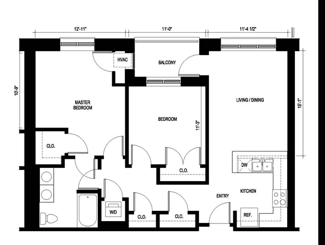 Zephyr floor plan at Ninety 7 Fifty on the Park featuring 2 bedrooms, 1 bath, spacious living/dining area, modern kitchen, and balcony, 975 sq ft.