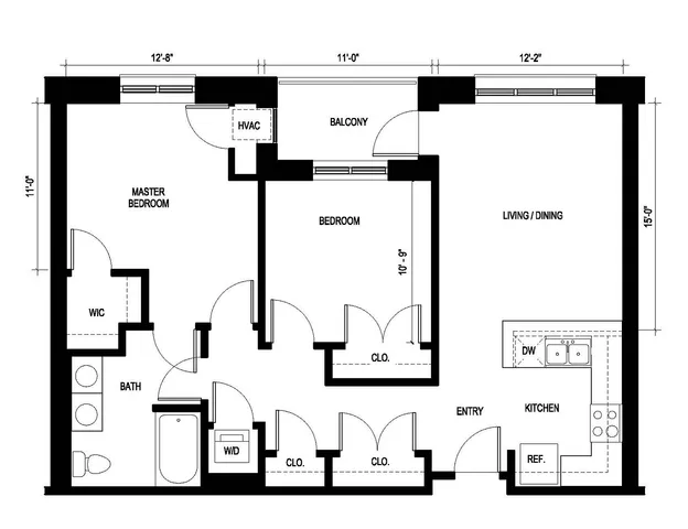 Modern floor plan for Zephyr at Ninety 7 Fifty on the Park, featuring 2 bedrooms, 1 bathroom, open living/dining area, and a spacious balcony, totaling 975 sq ft.